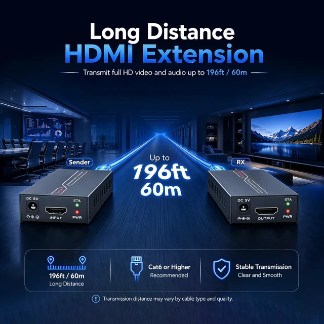 Alt view image 2 of 6 - HUIGUCOMM HDMI Extender Over Ethernet, 196ft 1080P 60Hz with POC and EDID | HDMI Over Cat5e Cat6 Cat7 Balun Kit, Bi-Directional POC, 3D Support for TV, Projector, Monitor and Home Theater