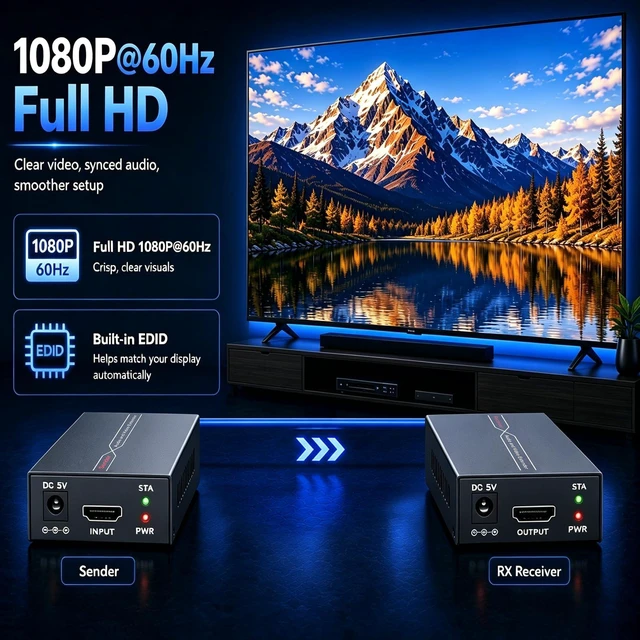 Alt view image 4 of 6 - HUIGUCOMM HDMI Extender Over Ethernet, 196ft 1080P 60Hz with POC and EDID | HDMI Over Cat5e Cat6 Cat7 Balun Kit, Bi-Directional POC, 3D Support for TV, Projector, Monitor and Home Theater