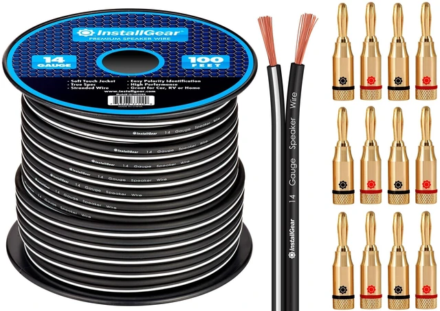 Main image of InstallGear 14 Gauge Speaker Wire with Banana Plugs (100ft White/Black) - Car, Home, Theater Speakers