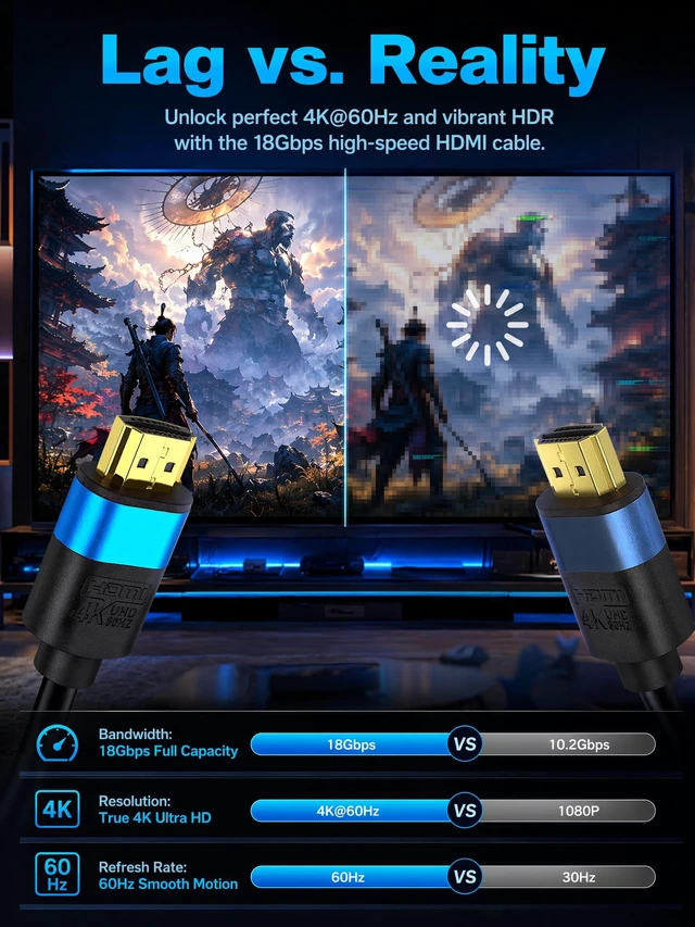 Alt view image 6 of 7 - YOTETION 60FT HDMI Cable 4K@60Hz | Long HDMI Cable Gold Connector AL Shell(Blue) 4K60Hz 1080P DTS:X, HDCP 2.2 & 2.3, HDR 10 Compatible with Roku TV/PS5/HDTV/Blu-ray