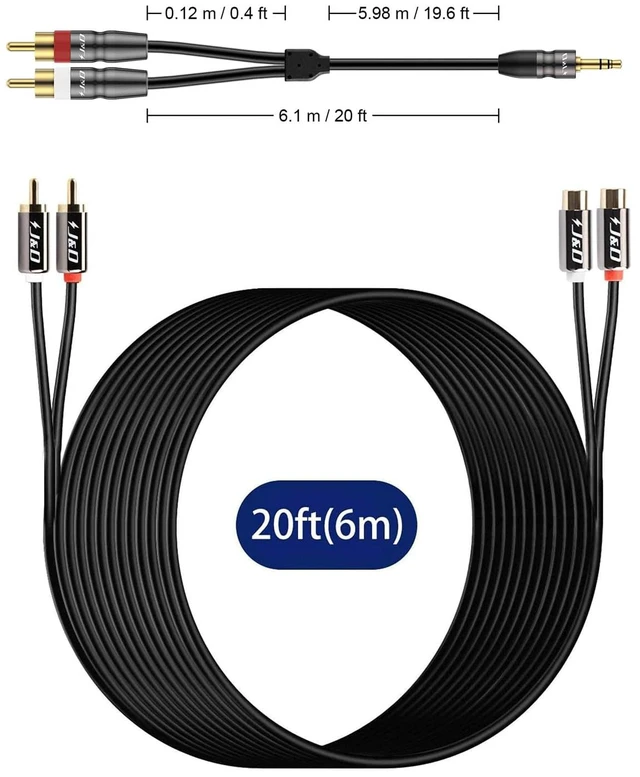 Alt view image 7 of 7 - J&D 2 RCA Extension Cable and 3.5 mm to Dual RCA Audio Cable (20 FT) Bundle