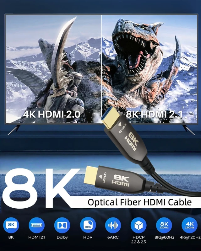 Alt view image 2 of 7 - Visiontime 8K Fiber Optic HDMI Cable 75 FT, 48Gbps Ultra High Speed, 8K60Hz 4K120Hz 2K144Hz Dynamic HDR/eARC, HDCP 2.2&2.3/3D Compatible for PS5, X Box Series X, Desktop GPUs 30&40 Series (75 feet)