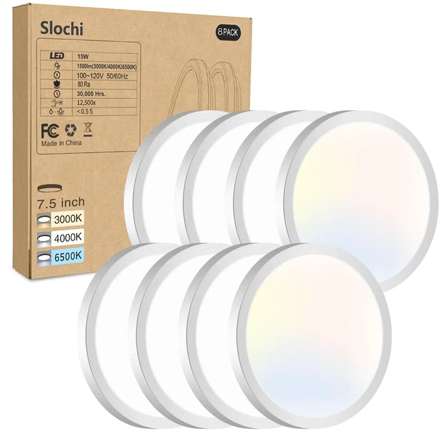Main image of 8PACK LED Flush Mount Ceiling Light Fixture, 3000K-4000K-6500K & 100W Equivalent Modern Kitchen Recessed Ceiling Lamp 15W 1500Lm 7.5 Inch Closet Round Surface for Bathroom Laundry Bedroom Hallway
