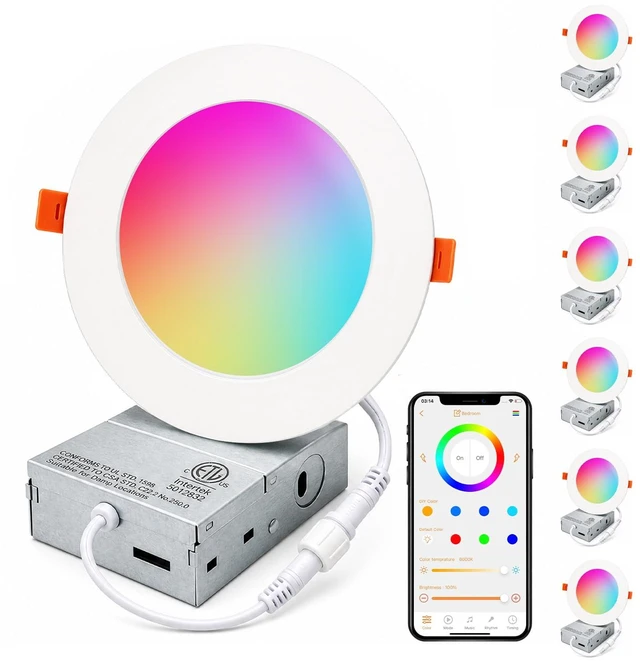 Main image of iLC 4 Inch LED Canless Recessed Lighting Color Changing RGB 2700K-6000K | Compatible with Alexa(Speaker Required) APP Controlled 16 Million Colors ,10W,900LM, with Junction Box Bluetooth Mesh,6 Packs