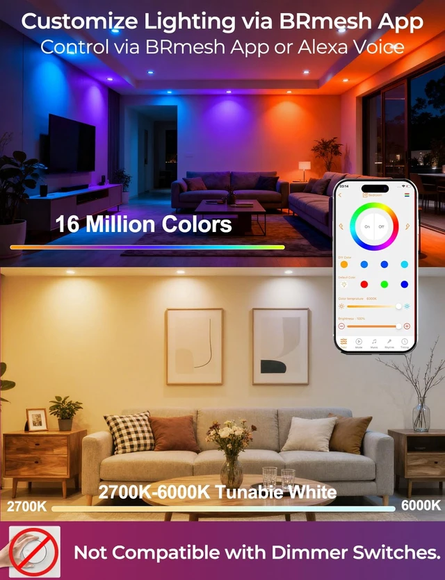 Alt view image 7 of 7 - iLC 4 Inch LED Canless Recessed Lighting Color Changing RGB 2700K-6000K | Compatible with Alexa(Speaker Required) APP Controlled 16 Million Colors ,10W,900LM, with Junction Box Bluetooth Mesh,6 Packs