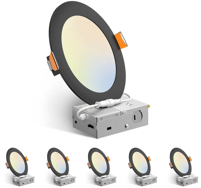 Main image of Amico 6 Pack 6 Inch LED Recessed Light with Junction Box, 5CCT, 1050LM, 12W | 2700K-5000K, 5%-100% Dimmable, 120V, Black, Metal Housing, Ultra-Thin Canless Wafer Downlight, ETL, FCC, IC & Damp Rated