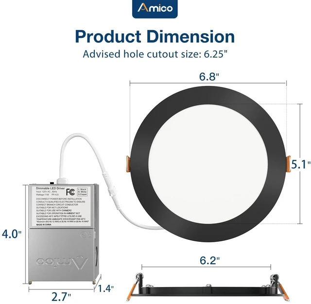 Alt view image 4 of 7 - Amico 6 Pack 6 Inch LED Recessed Light with Junction Box, 5CCT, 1050LM, 12W | 2700K-5000K, 5%-100% Dimmable, 120V, Black, Metal Housing, Ultra-Thin Canless Wafer Downlight, ETL, FCC, IC & Damp Rated