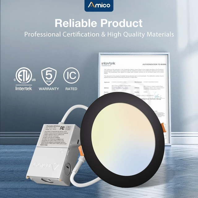 Alt view image 6 of 7 - Amico 6 Pack 6 Inch LED Recessed Light with Junction Box, 5CCT, 1050LM, 12W | 2700K-5000K, 5%-100% Dimmable, 120V, Black, Metal Housing, Ultra-Thin Canless Wafer Downlight, ETL, FCC, IC & Damp Rated