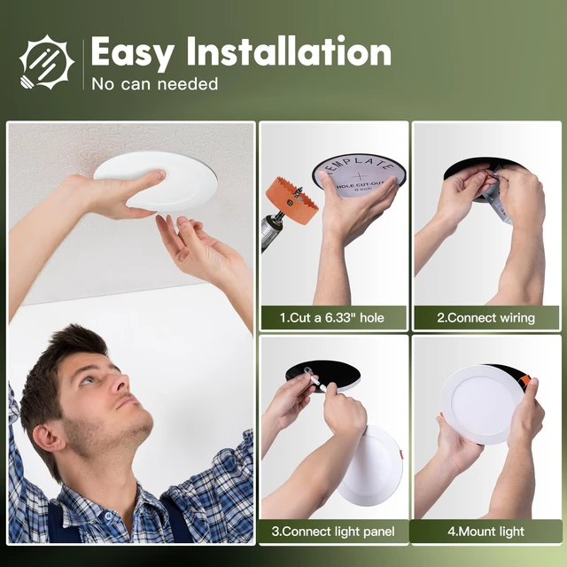 Alt view image 7 of 7 - FREELICHT 24 Pack 6 Inch LED Recessed Light with Junction Box, 5CCT, 1050LM | 12W, 2700K-5000K Selectable, 5%-100% Dimmable, 120V, White, Ultra-Thin Canless Wafer Downlight, ETL, FCC, IC & Damp Rated