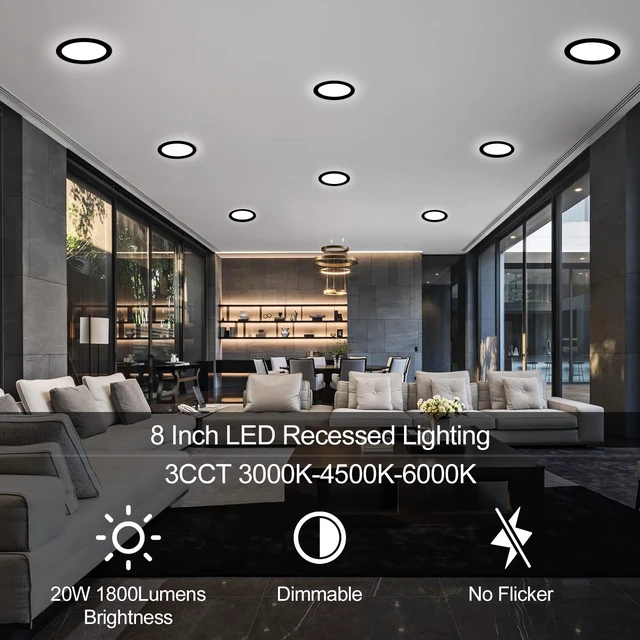 Alt view image 2 of 7 - LZHOME 6 Pack 8 Inch LED Recessed Lighting with Junction Box Ultra-Thin, 3000K/4500K/6000K Selectable, 8" Dimmable Canless LED Downlight, 1800LM CRI80 High Brightness 5%-100% Recessed Light (Black)