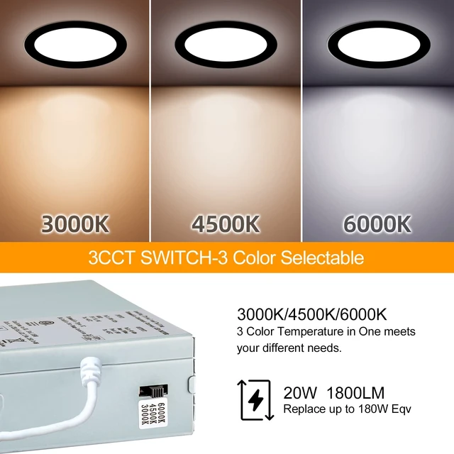 Alt view image 3 of 7 - LZHOME 6 Pack 8 Inch LED Recessed Lighting with Junction Box Ultra-Thin, 3000K/4500K/6000K Selectable, 8" Dimmable Canless LED Downlight, 1800LM CRI80 High Brightness 5%-100% Recessed Light (Black)