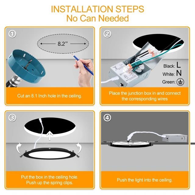 Alt view image 4 of 7 - LZHOME 6 Pack 8 Inch LED Recessed Lighting with Junction Box Ultra-Thin, 3000K/4500K/6000K Selectable, 8" Dimmable Canless LED Downlight, 1800LM CRI80 High Brightness 5%-100% Recessed Light (Black)