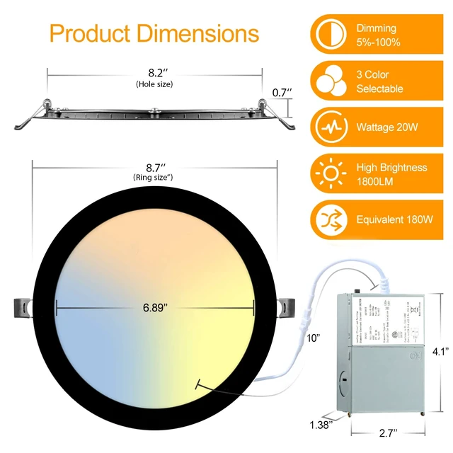 Alt view image 5 of 7 - LZHOME 6 Pack 8 Inch LED Recessed Lighting with Junction Box Ultra-Thin, 3000K/4500K/6000K Selectable, 8" Dimmable Canless LED Downlight, 1800LM CRI80 High Brightness 5%-100% Recessed Light (Black)
