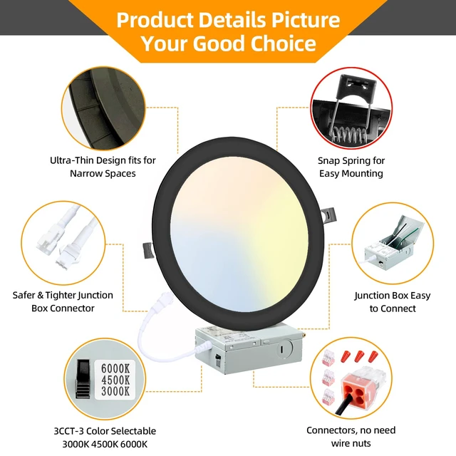 Alt view image 7 of 7 - LZHOME 6 Pack 8 Inch LED Recessed Lighting with Junction Box Ultra-Thin, 3000K/4500K/6000K Selectable, 8" Dimmable Canless LED Downlight, 1800LM CRI80 High Brightness 5%-100% Recessed Light (Black)