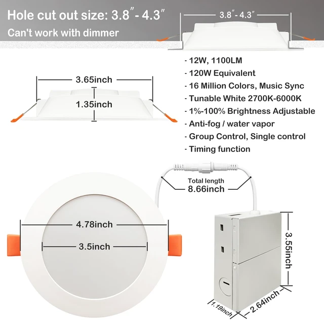 Alt view image 2 of 7 - MELPO Smart Recessed Lighting 4 Inch Compatible with Alexa & Siri12W 1100LM Recessed Ceiling Light 2700K-6000K16 Million ColorsMusic Sync, DIY Flash, LED Downlight with Junction Box12 Pack