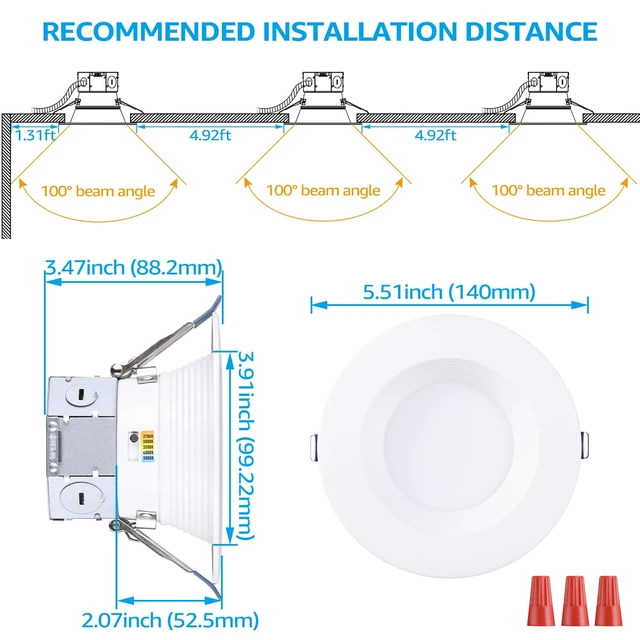 Alt view image 7 of 7 - TORCHSTAR 8-Pack 5CCT 4 Inch LED Recessed Light Canless, White | Aluminum, Anti-Glare Deep Baffle, Integrated Junction Box, CRI90, Dimmable, Air Tight, IC, ETL, 2700K/3000K/3500K/4000K/5000K