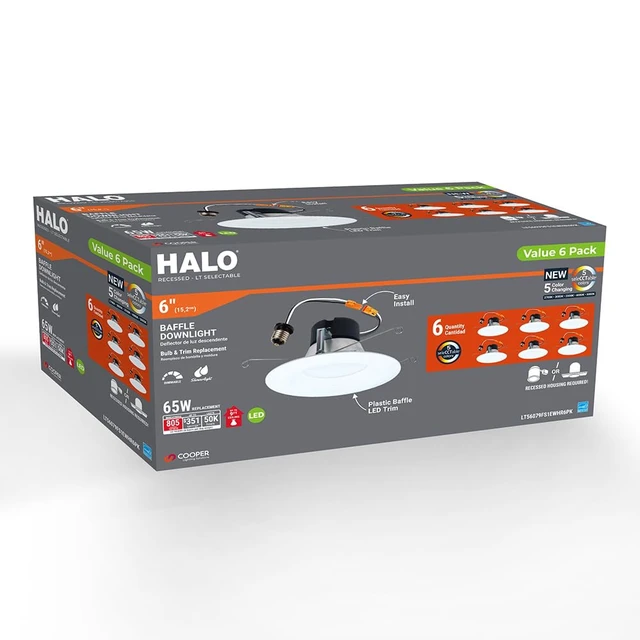 Alt view image 3 of 7 - HALO LT 5/6 inch LED recessed Can Light Trim, 5 CCT, Dimmable, 750lm 6PK | recessed baffle retrofit can light replacement trim, low glare, wet-rated for showers and outdoor use, Dims to 10%