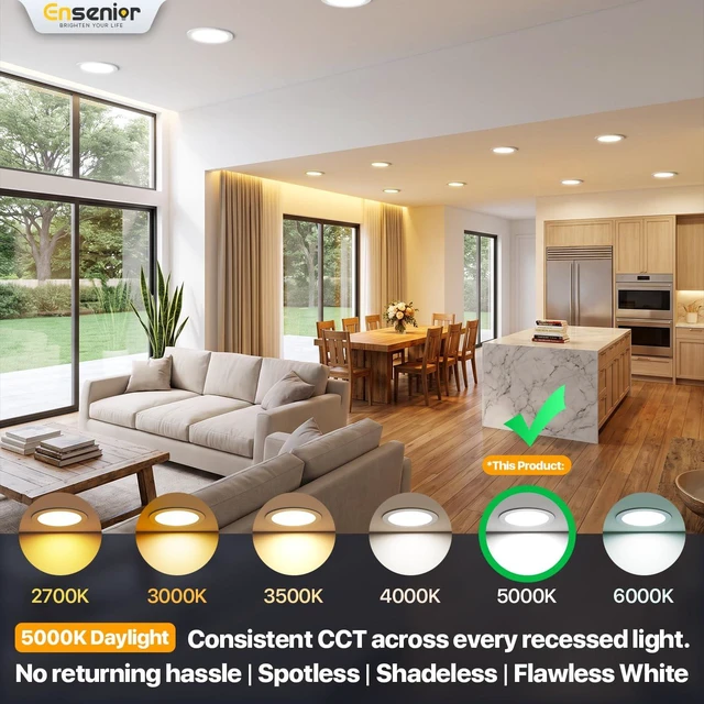 Alt view image 4 of 7 - Ensenior 12 Pack 6 Inch LED Recessed Light, 5000K Dimmable Canless Wafer | 5000K Daylight, 5%-100% Dimmable, 1200LM 12W 120V, IC & Damp Rated, ETL & FCC & UL Certified, 50000h Life Span