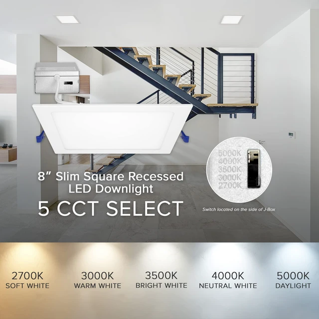 Alt view image 5 of 7 - Maxxima 8 in. 5 CCT Square Slim Recessed LED Downlight, 1600 Lumens, White | Color Selectable 2700K/3000K/3500K/4000K/5000K, Flat Panel Dimmable Light Fixture, Canless with J-Box Included