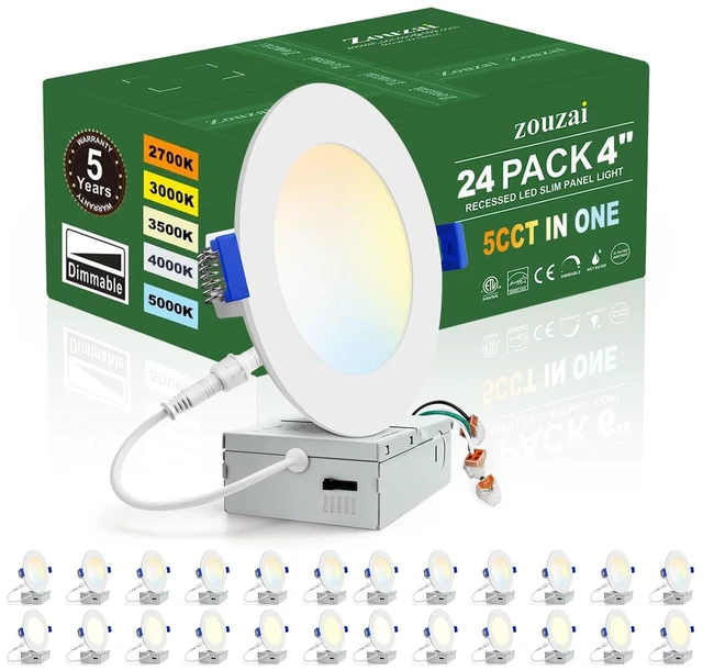 Main image of zouzai 24 Pack 4 Inch LED Recessed Ceiling Light, 5CCT, Dimmable, White | 2700K-5000K Selectable, 120V 9W Eqv 60W, 810LM, Can Light, with Junction Box, High Brightness, Ultra-Thin, ETL& IC Rated