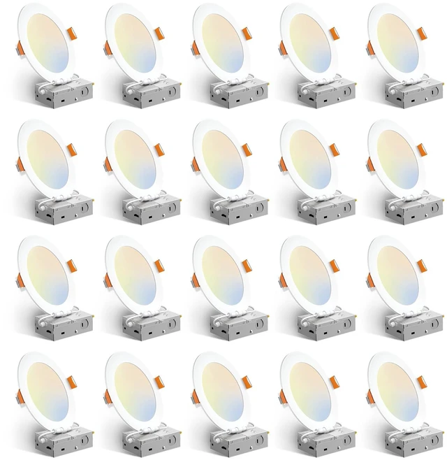 Main image of Amico 20 Pack 6 Inch LED Recessed Light with Junction Box, 5CCT, 1050LM | 12W, 2700K-5000K, 5%-100% Dimmable, 120V, White, Metal Housing, Ultra-Thin Canless Wafer Downlight, ETL, FCC, IC & Damp Rated