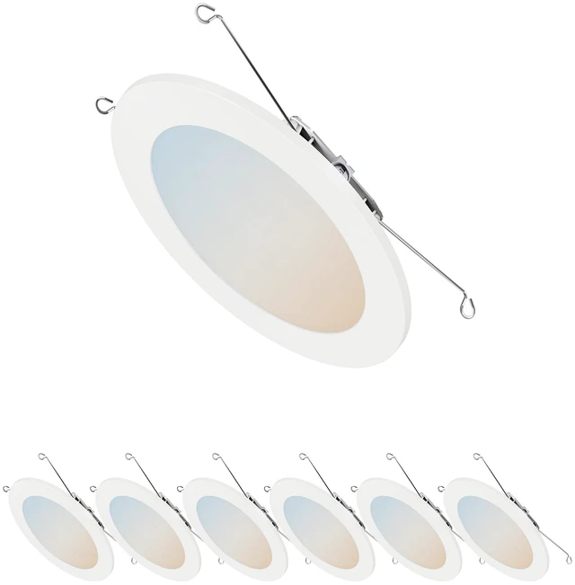 Main image of HALO HLBT 6 inch LED Recessed Light Slim Trim Retrofit 5CCT 765lm 6PK | slim disk wafer retrofit can light LED trim, wet-rated for showers and outdoor use, 2700K-5000K, Dims to 5%