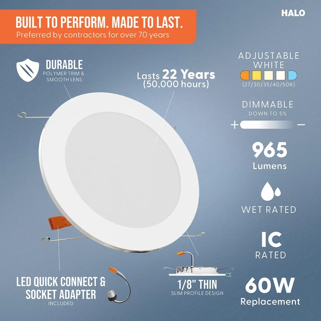 Alt view image 3 of 7 - HALO HLBT 6 inch LED Recessed Light Slim Trim Retrofit 5CCT 765lm 6PK | slim disk wafer retrofit can light LED trim, wet-rated for showers and outdoor use, 2700K-5000K, Dims to 5%
