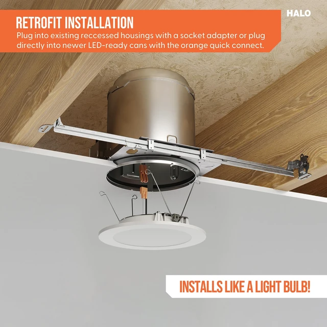 Alt view image 4 of 7 - HALO HLBT 6 inch LED Recessed Light Slim Trim Retrofit 5CCT 765lm 6PK | slim disk wafer retrofit can light LED trim, wet-rated for showers and outdoor use, 2700K-5000K, Dims to 5%