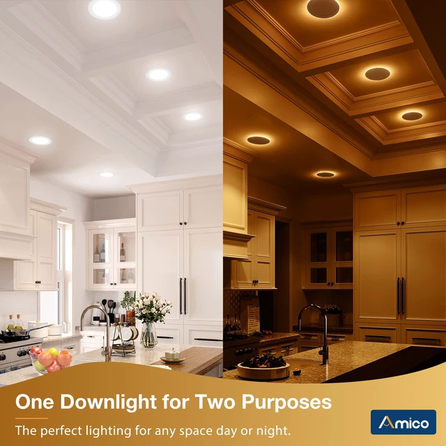 Alt view image 2 of 6 - Amico 4 Pack 6 Inch 5CCT LED Recessed Ceiling Light with Night Light | 1100 Lumens, 12W Low Power, 5%-100% Smooth Dimming, ETL & FCC Listed, Canless Wafer Downlight, Ultra-Thin Recessed Lighting