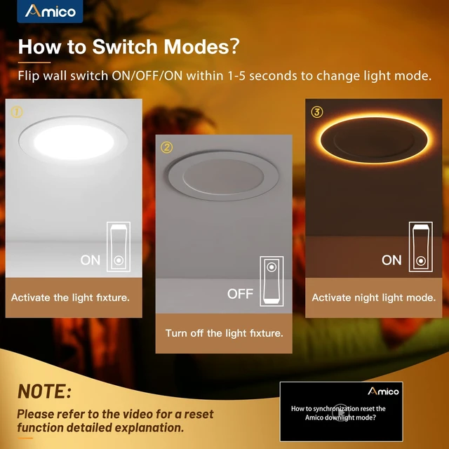 Alt view image 4 of 6 - Amico 4 Pack 6 Inch 5CCT LED Recessed Ceiling Light with Night Light | 1100 Lumens, 12W Low Power, 5%-100% Smooth Dimming, ETL & FCC Listed, Canless Wafer Downlight, Ultra-Thin Recessed Lighting