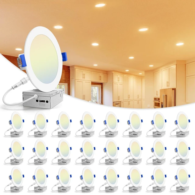 Main image of VOLISUN 24 Pack 6 inch Recessed Lighting, 5CCT, 13W Eqv 120W, 1080LM | LED Recessed Light with Junction Box 2700K-5000K Selectable, Dimmable Canless Wafer Downlight, Ceiling Light ETL Certificated