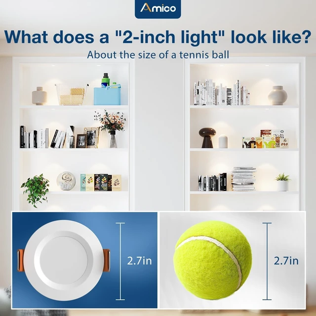 Alt view image 2 of 7 - Amico 6 Pack 2 Inch 5CCT Ultra-Thin LED Canless Recessed Ceiling Light | CRI90+ Color Accuracy, 350 Lumens, 6W Low Power, 5%-100% Smooth Dimming, ETL & FCC Listed, Wafer Downlight, J-Box Included