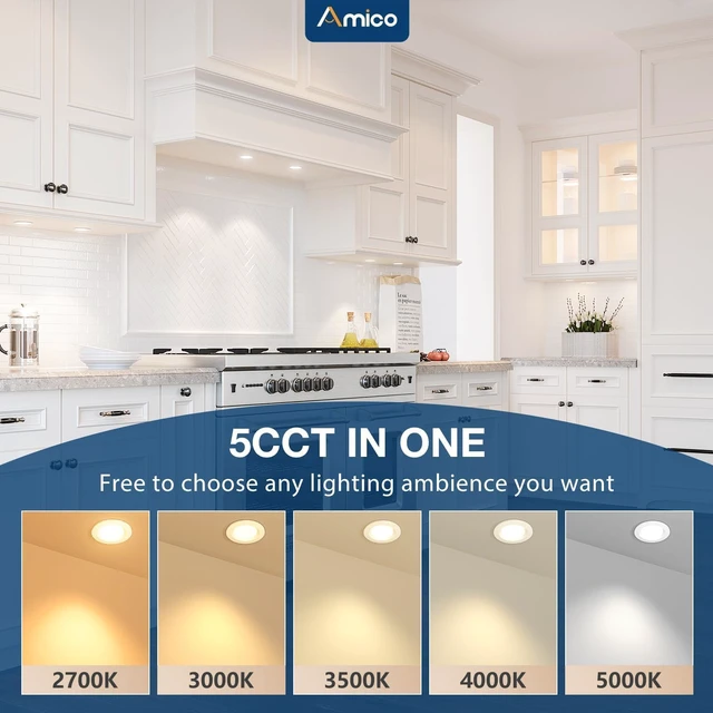 Alt view image 3 of 7 - Amico 6 Pack 2 Inch 5CCT Ultra-Thin LED Canless Recessed Ceiling Light | CRI90+ Color Accuracy, 350 Lumens, 6W Low Power, 5%-100% Smooth Dimming, ETL & FCC Listed, Wafer Downlight, J-Box Included
