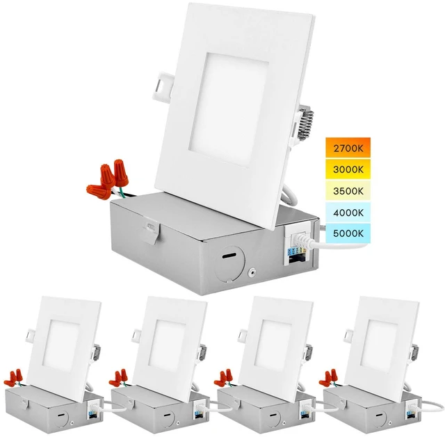 Main image of LUXRITE 4 Inch Ultra Thin Square LED Recessed Lighting (4 Pack) | 5 Color Temperature Options 2700K - 5000K, Dimmable Downlight, 10W, IC Rated, Wet Rated, Canless LED Recessed Light, 120V
