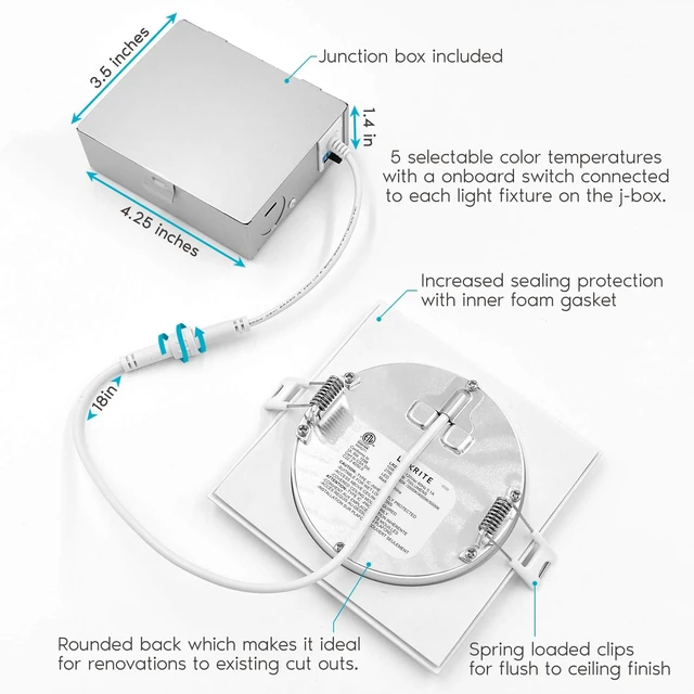 Alt view image 3 of 7 - LUXRITE 4 Inch Ultra Thin Square LED Recessed Lighting (4 Pack) | 5 Color Temperature Options 2700K - 5000K, Dimmable Downlight, 10W, IC Rated, Wet Rated, Canless LED Recessed Light, 120V