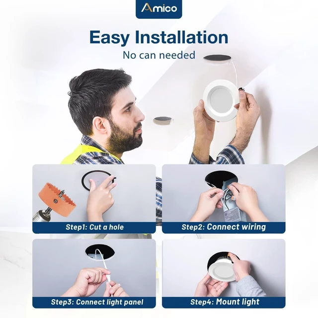 Alt view image 6 of 7 - Amico 6 Pack 2 Inch 5CCT Ultra-Thin LED Canless Recessed Ceiling Light | CRI90+ Color Accuracy, 350 Lumens, 6W Low Power, 5%-100% Smooth Dimming, ETL & FCC Listed, Wafer Downlight, J-Box Included