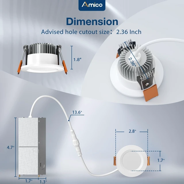 Alt view image 7 of 7 - Amico 6 Pack 2 Inch 5CCT Ultra-Thin LED Canless Recessed Ceiling Light | CRI90+ Color Accuracy, 350 Lumens, 6W Low Power, 5%-100% Smooth Dimming, ETL & FCC Listed, Wafer Downlight, J-Box Included