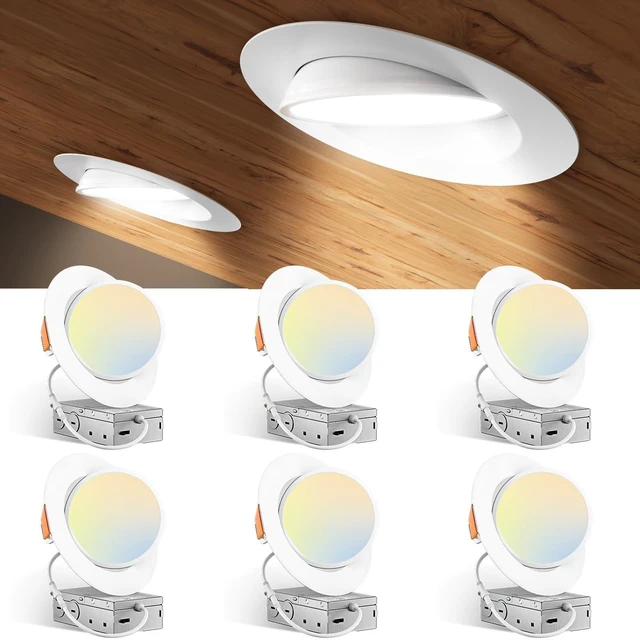 Main image of Amico 6 Pack 6 Inch 5CCT Gimbal LED Recessed Ceiling Light | 360°Rotation & 90°Tilt, 12W 1200LM, CRI90+, Dimmable, ETL&FCC, Adjustable Eyeball Directional Wafer Downlight, J-Box Included