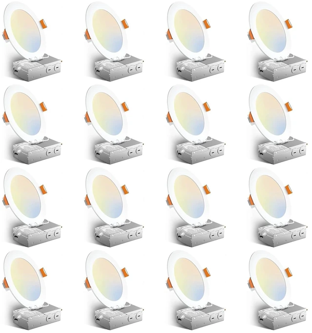 Main image of Amico 16 Pack 6 Inch 5CCT Ultra-Thin LED Recessed Ceiling Light | 1050LM High Brightness, 12W Low Power, 5%-100% Smooth Dimming, Junction Box Included, ETL & FCC Listed, Wafer Downlight