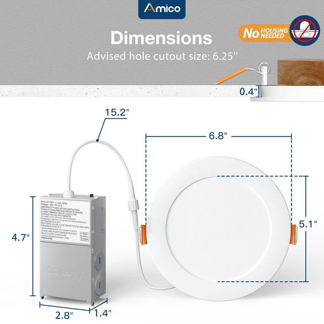 Alt view image 5 of 7 - Amico 16 Pack 6 Inch 5CCT Ultra-Thin LED Recessed Ceiling Light | 1050LM High Brightness, 12W Low Power, 5%-100% Smooth Dimming, Junction Box Included, ETL & FCC Listed, Wafer Downlight
