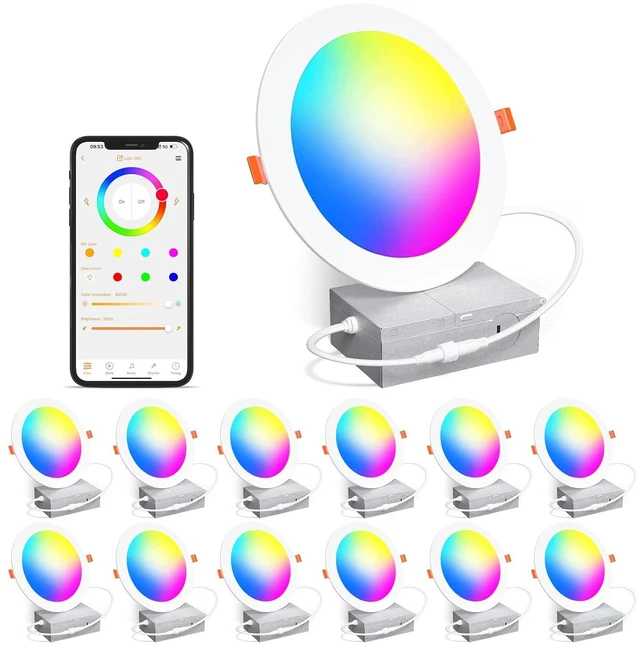 Main image of Smart Recessed Lighting 4 Inch RGBCW Color Changing 12W Recessed Ceiling Light with Junction Box,1080LM Canless LED Downlight Compatible with Alexa,Dimmable by Bluetooth Control -12Pack