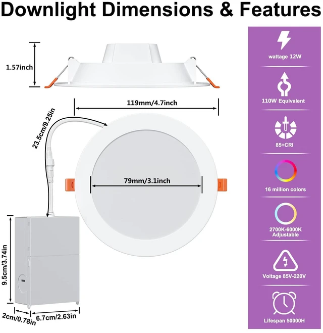 Alt view image 7 of 7 - Smart Recessed Lighting 4 Inch RGBCW Color Changing 12W Recessed Ceiling Light with Junction Box,1080LM Canless LED Downlight Compatible with Alexa,Dimmable by Bluetooth Control -12Pack