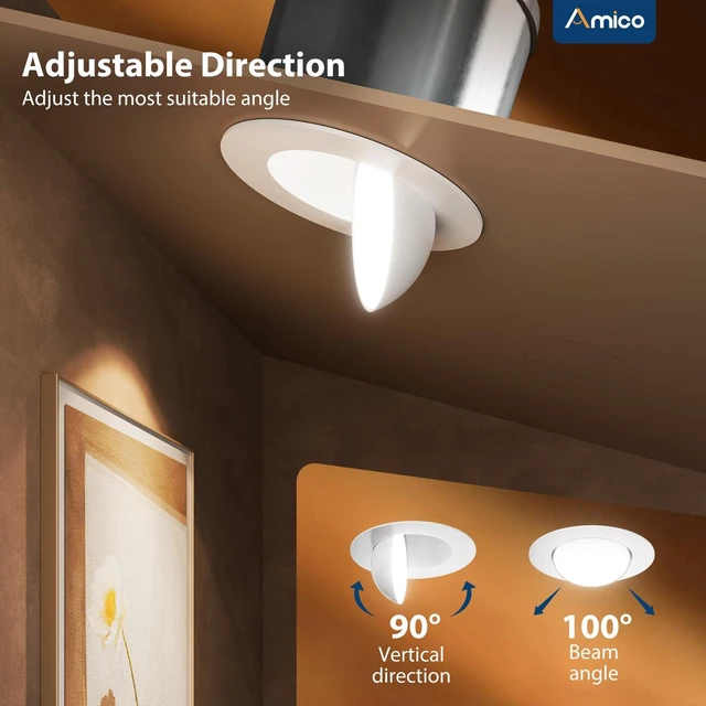 Alt view image 2 of 7 - Amico 6 Inch Eyeball Gimbal Retrofit Can Lights, Adjustable, 5CCT, 6 Pack | 360°+90°Adjust Directional, 12W, 1200LM, 2700K/3000K/4000K/5000K/6000K Select, Dimmable, IC Rated, ETL & FCC