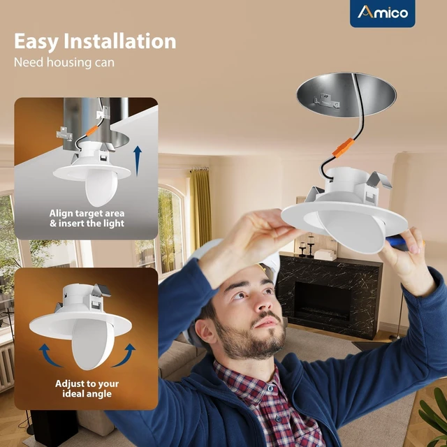 Alt view image 4 of 7 - Amico 6 Inch Eyeball Gimbal Retrofit Can Lights, Adjustable, 5CCT, 6 Pack | 360°+90°Adjust Directional, 12W, 1200LM, 2700K/3000K/4000K/5000K/6000K Select, Dimmable, IC Rated, ETL & FCC