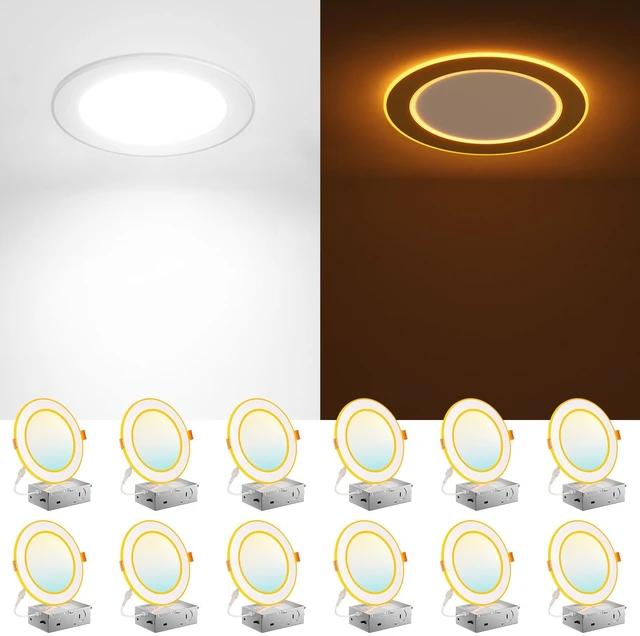 Main image of Amico 12 Pack 6 Inch 5CCT LED Recessed Light with Double Ring Night Light | 2700-5000K Selectable Ultra-Thin Recessed Ceiling Lighting, 12W=110W, 1100LM, Dimmable Canless Wafer Downlight, ETL, FCC