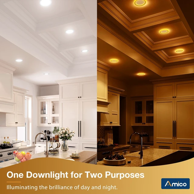 Alt view image 2 of 7 - Amico 12 Pack 6 Inch 5CCT LED Recessed Light with Double Ring Night Light | 2700-5000K Selectable Ultra-Thin Recessed Ceiling Lighting, 12W=110W, 1100LM, Dimmable Canless Wafer Downlight, ETL, FCC