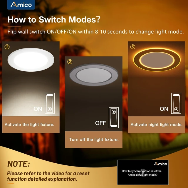 Alt view image 3 of 7 - Amico 12 Pack 6 Inch 5CCT LED Recessed Light with Double Ring Night Light | 2700-5000K Selectable Ultra-Thin Recessed Ceiling Lighting, 12W=110W, 1100LM, Dimmable Canless Wafer Downlight, ETL, FCC