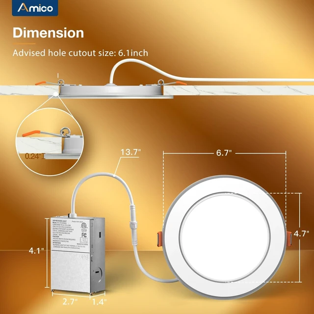 Alt view image 5 of 7 - Amico 12 Pack 6 Inch 5CCT LED Recessed Light with Double Ring Night Light | 2700-5000K Selectable Ultra-Thin Recessed Ceiling Lighting, 12W=110W, 1100LM, Dimmable Canless Wafer Downlight, ETL, FCC