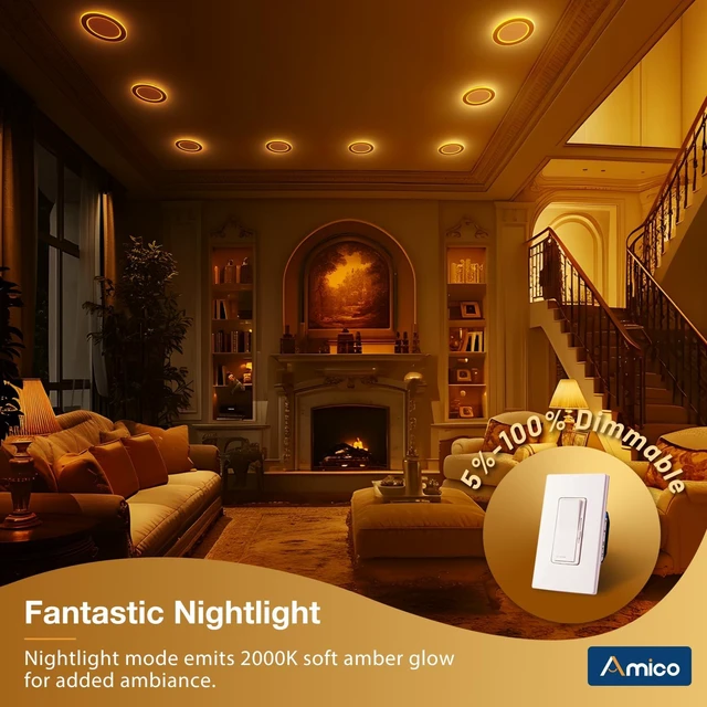 Alt view image 6 of 7 - Amico 12 Pack 6 Inch 5CCT LED Recessed Light with Double Ring Night Light | 2700-5000K Selectable Ultra-Thin Recessed Ceiling Lighting, 12W=110W, 1100LM, Dimmable Canless Wafer Downlight, ETL, FCC