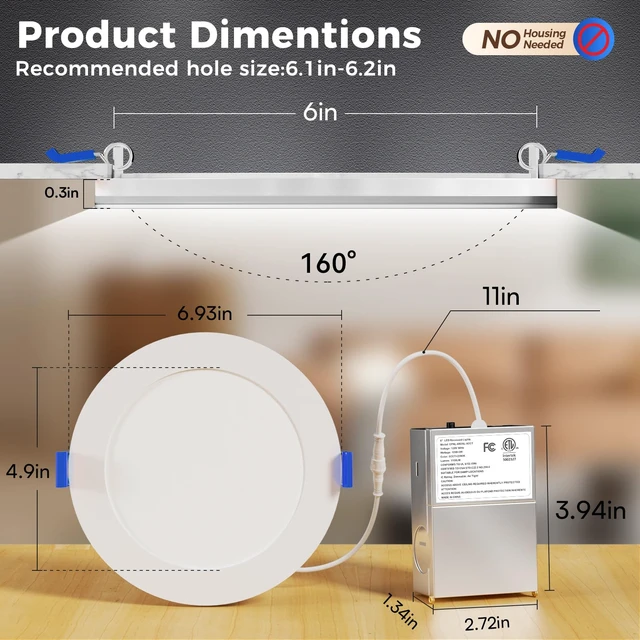 Alt view image 6 of 7 - CHARKEE 12 Pack 6 Inch 5CCT LED Recessed Ceiling Lighting with Night Light | Canless Ultra-Thin Dimmable Wafer Downlight with Junction Box,13W=110W,2700K-5000K, 1000LM, ETL & Energy Star & FCC,White